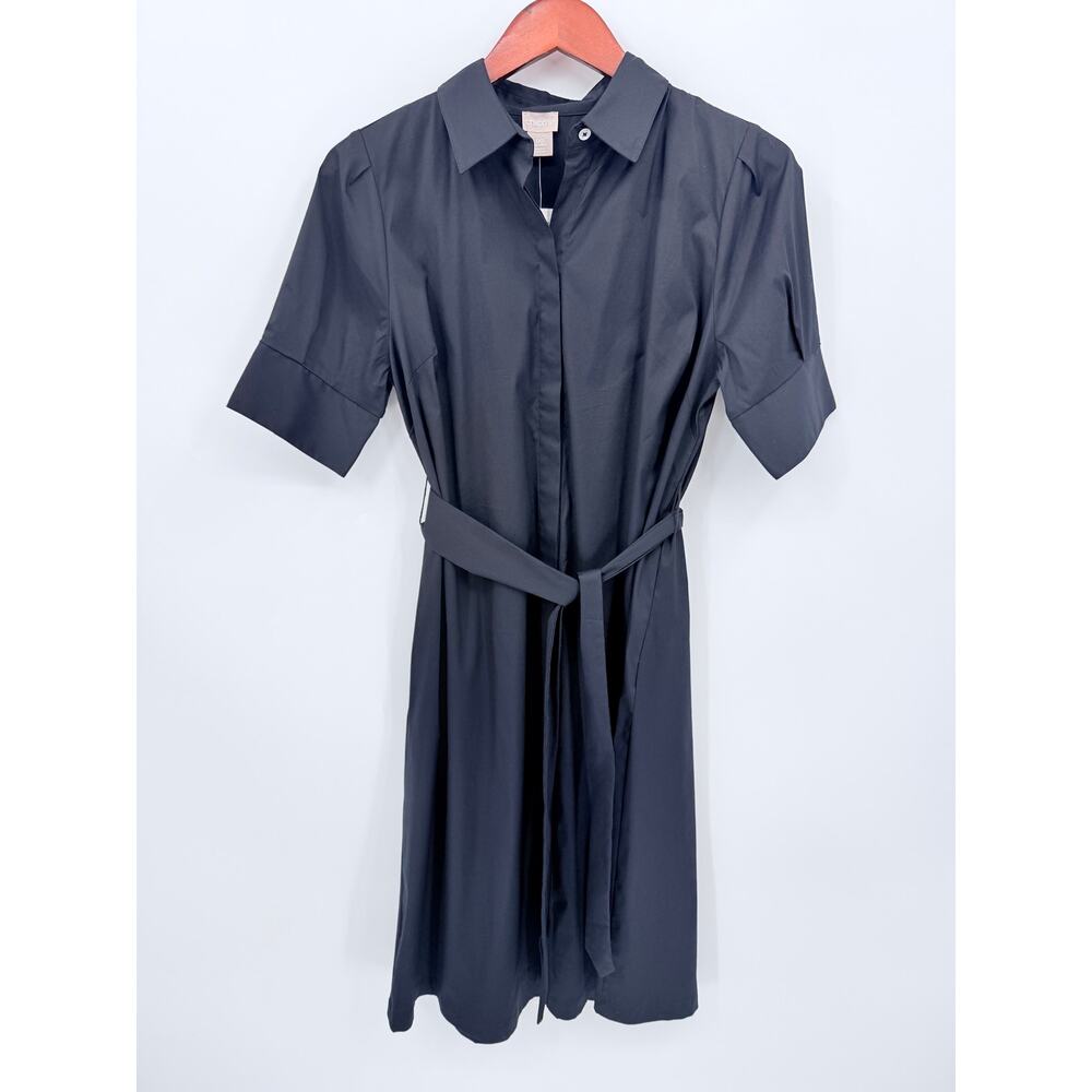 Chicos Black Tie Waist Poplin Shirt Dress NWT Collared Midi Size 00 XS Chicos